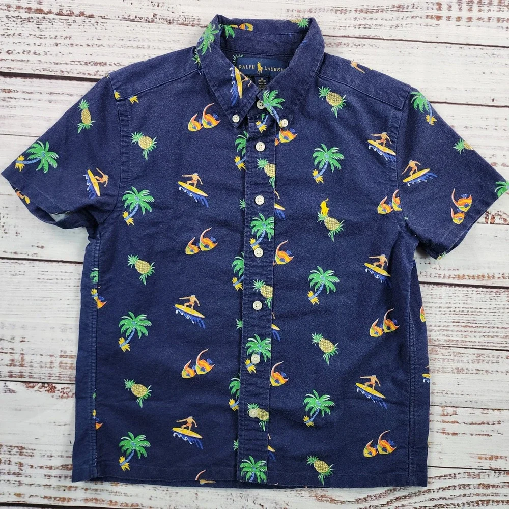 Ralph Lauren Boys Navy Blue Cotton Surfer Pineapple Palm Tree Shirt M